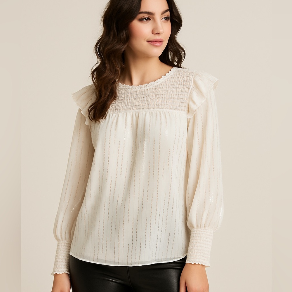 Sara Michelle White Gold Metallic Smocked Sheer Blouse Women’s L